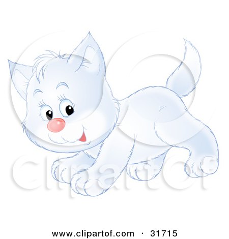 Clipart Illustration of a Cute Playful White Kitty Cat Running Past by Alex Bannykh