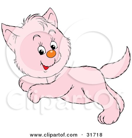Clipart Illustration of a Hyper Pink Kitty Cat Glancing At The Viewer While Leaping Past by Alex Bannykh