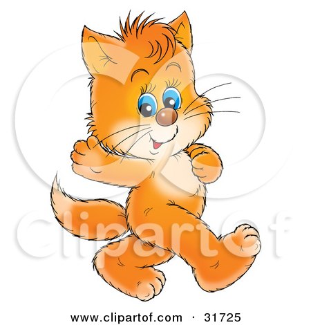 Clipart Illustration of a Cute Blue Eyed Ginger Kitten Waving And Walking On Its Hind Legs by Alex Bannykh