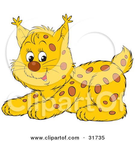 Clipart Illustration of an Adorable Playful Spotted Bobcat Cub Crouching by Alex Bannykh