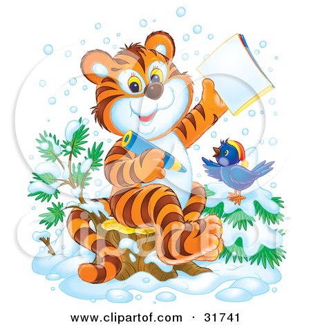 Clipart Illustration of a Smart Tiger Cub And Bird In The Snow, Coloring In An Activity Book by Alex Bannykh