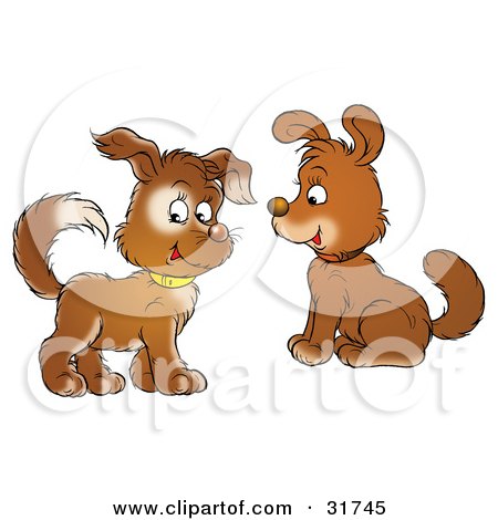 Clipart Illustration of Two Cute Brown Puppy Dogs With Collars, One Looking At The Viewer  by Alex Bannykh