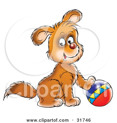 Clipart Illustration of a Brown Puppy Dog Resting One Paw On Top Of A Ball by Alex Bannykh