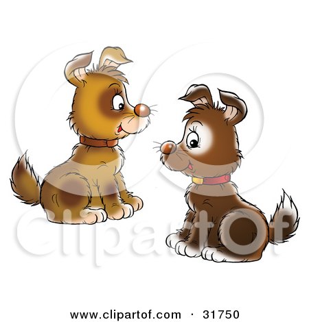 Clipart Illustration of Two Brown Puppies Wearing Collars, Facing Each Other And Sitting by Alex Bannykh