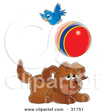 Clipart Illustration of a Playful Puppy Chasing A Ball, A Bird Flying Above by Alex Bannykh