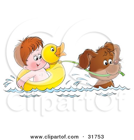 Clipart Illustration of a Puppy Swimming And Pulling A Boy In A Ducky Float by Alex Bannykh