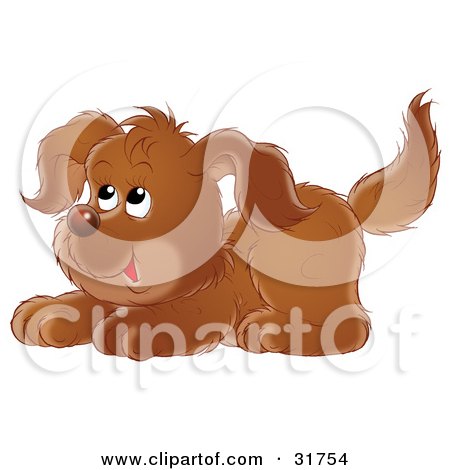 Clipart Illustration of a Cute Brown Puppy Dog Crouching Playfully And Looking Up by Alex Bannykh