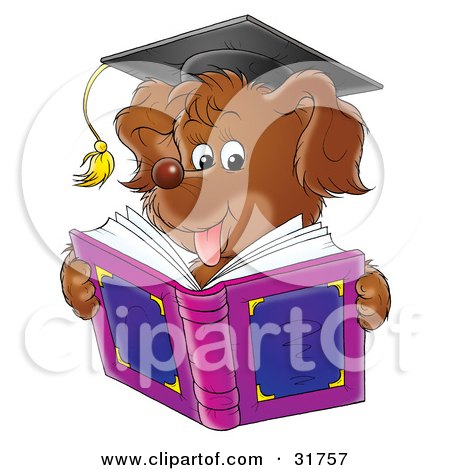 Clipart Illustration of a Brown Dog Wearing A Graduation Cap And Reading A Book by Alex Bannykh