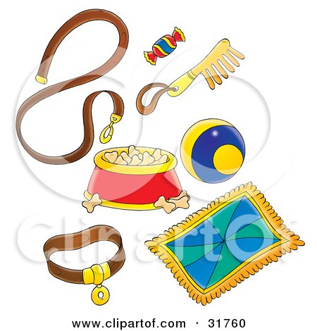 Clipart Illustration of a Dog Leash, Treat, Comb, Ball, Blanket, Collar And Dish Full Of Food by Alex Bannykh