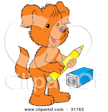 Clipart Illustration of an Orange Dog Standing On Its Hind Legs, Holding A Pencil Near A Pencil Sharpener by Alex Bannykh