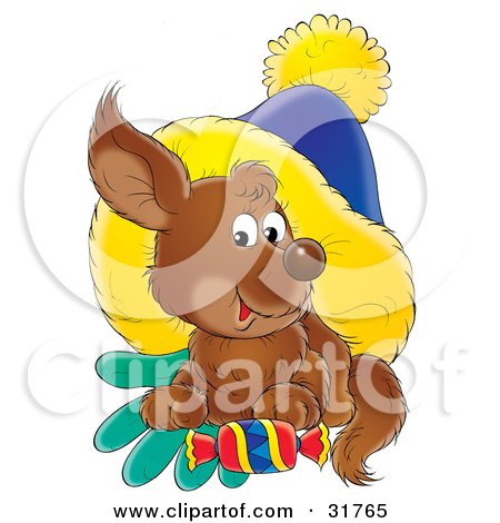 Clipart Illustration of a Cute Brown Puppy Resting On Gloves With A Treat, Under A Blue And Yellow Hat by Alex Bannykh