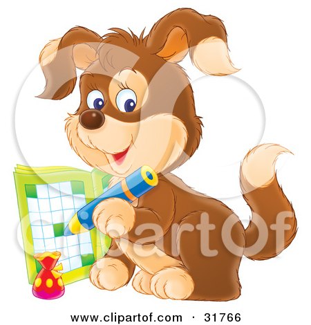 Clipart Illustration of a Brown Puppy Dog Writing In An Activity Book With A Blue Pencil by Alex Bannykh