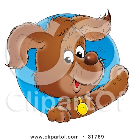 Clipart Illustration of a Happy Brown Puppy Wearing A Collar And Looking Through A Blue Circle by Alex Bannykh