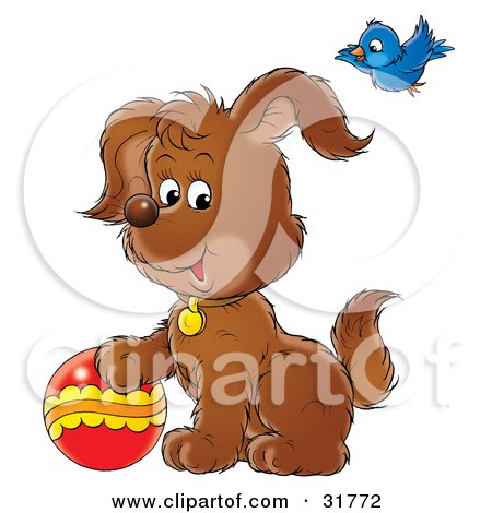 Clipart Illustration of a Bluebird Flying Above A Brown Puppy Playing With A Ball by Alex Bannykh