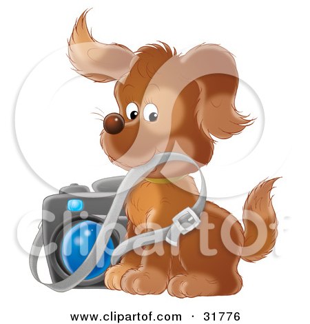 Clipart Illustration of a Brown Puppy Photographer Biting The Strap Of A Camera by Alex Bannykh