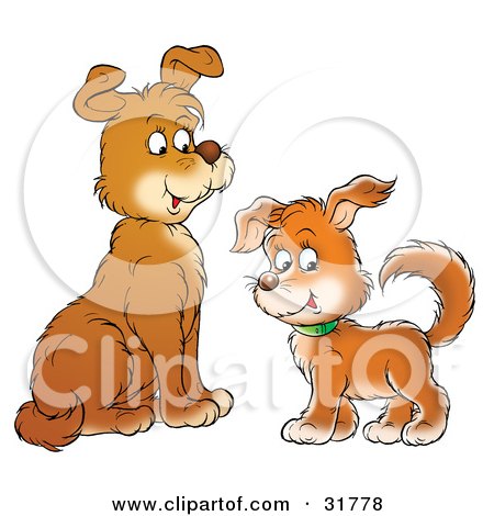 Clipart Illustration of a Dog Facing Its Puppy As It Glances At The Viewer by Alex Bannykh