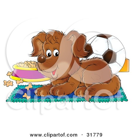 Clipart Illustration of a Brown Puppy Resting On A Rug Near A Dish Of Dog Food And A Soccer Ball by Alex Bannykh