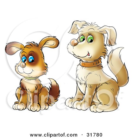 Clipart Illustration of a Cute Blue Eyed Brown Puppy Sitting By Its Green Eyed Parent by Alex Bannykh