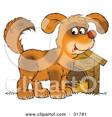 Clipart Illustration of a Cute Brown Spotted Dog Standing In Front Of A Wooden Dog House by Alex Bannykh