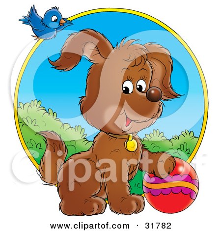 Clipart Illustration of a Blue Bird Flying Above A Playful Puppy With A Ball by Alex Bannykh