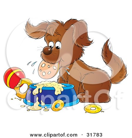 Clipart Illustration of a Hungry Puppy Eating A Slice Of Sausage Over A Dish by Alex Bannykh