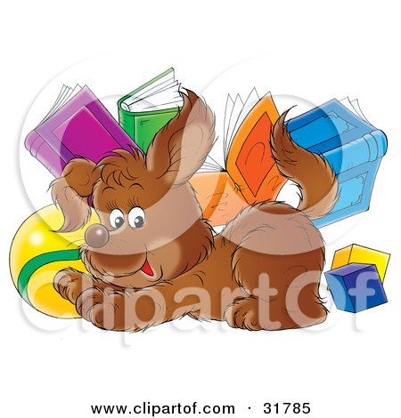 Clipart Illustration of a Brown Puppy Crouching Playfully In Front Of Blocks, A Ball And Books by Alex Bannykh