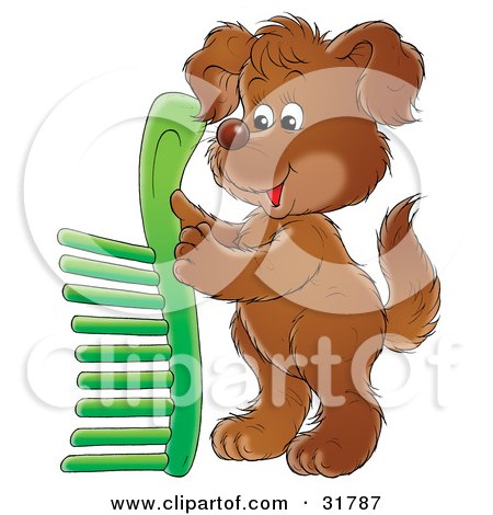 Clipart Illustration of a Brown Puppy Holding Up A Green Comb by Alex Bannykh