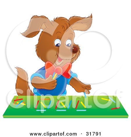 Clipart Illustration of a Happy Brown Puppy Playing With Colorful Sticks by Alex Bannykh