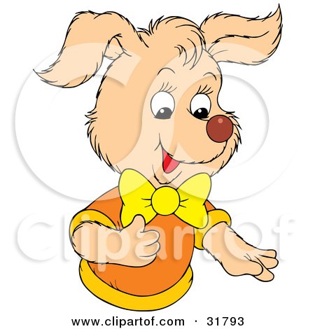 Clipart Illustration of a Beige Puppy Dog In An Orange And Yellow Shirt With A Bow, Gesturing With Its Paws by Alex Bannykh