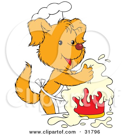 Clipart Illustration of a Happy Yellow Puppy In A Chefs Hat And Apron, Cooking In A Kitchen by Alex Bannykh