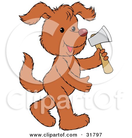 Clipart Illustration of a Brown Dog Walking On Its Hind Legs, Carrying A Hatchet by Alex Bannykh
