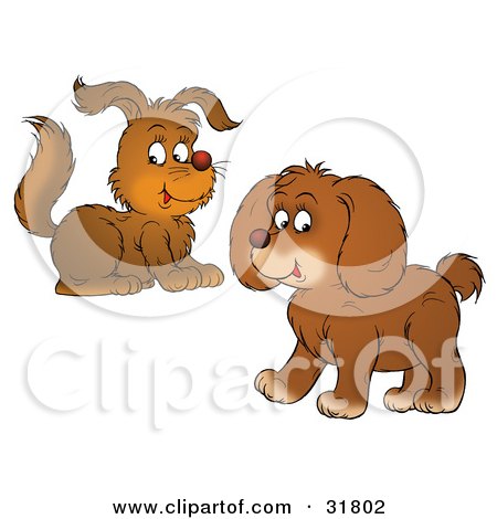 Clipart Illustration of Two Brown Puppies, One Crouching And One Walking  by Alex Bannykh