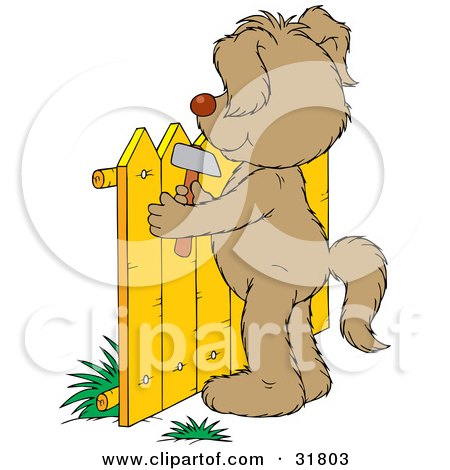Clipart Illustration of a Dog Standing On Its Hind Legs, Hammering A Fence by Alex Bannykh