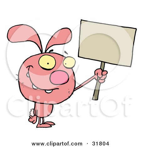 Clipart Illustration of a Pink Bunny Rabbit Smiling And Holding Up A Blank Sign by Hit Toon