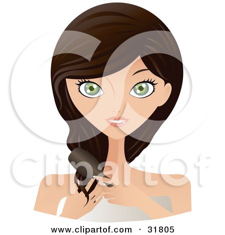 Clipart Illustration of a Beautiful Brunette Caucasian Woman With Green Eyes, Facing Front And Brushing Her Hair by Melisende Vector