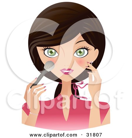 Clipart Illustration of a Beautiful Brunette Caucasian Woman With Green Eyes, Facing Front And Applying Blush To Her Cheeks by Melisende Vector