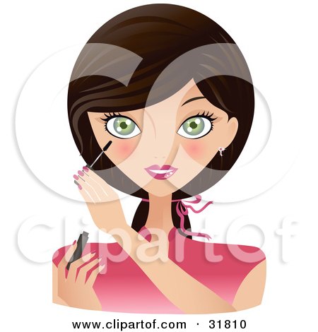 Clipart Illustration of a Beautiful Brunette Caucasian Woman With Green Eyes, Facing Front And Applying Mascara To Her Eyelashes by Melisende Vector