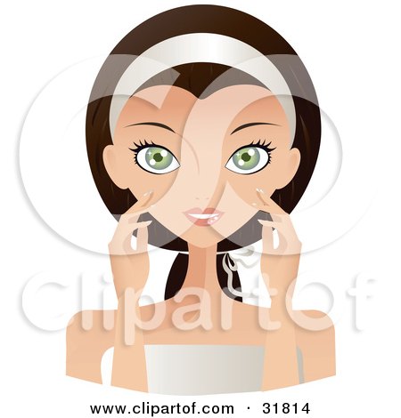 Clipart Illustration of a Beautiful Brunette Caucasian Woman With Green Eyes, Facing Front And Touching Her Face by Melisende Vector