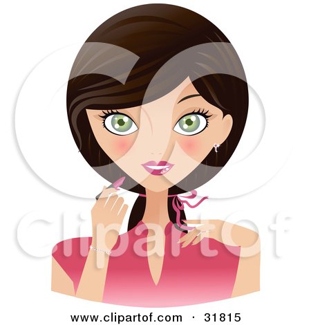 Clipart Illustration of a Beautiful Brunette Caucasian Woman With Green Eyes, Facing Front And Applying Lipstick by Melisende Vector