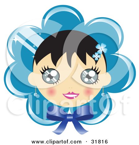 Clipart Illustration of a Pretty Black Haired Girl With Blushed Cheeks, On A Blue Flower Or Bonnet Background With A Bow by Melisende Vector