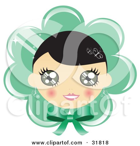 Clipart Illustration of a Pretty Black Haired Girl With Blushed Cheeks, On A Green Flower Or Bonnet Background With A Bow by Melisende Vector