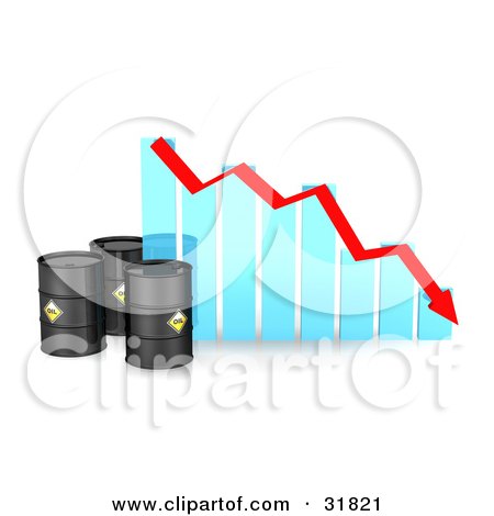 Clipart Illustration of Three Black Oil Barrels By A Blue Bar Graph With A Red Arrow Showing A Decline by Frog974