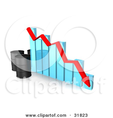 Clipart Illustration of Three Unmarked Black Oil Barrels And A Red Arrow Along The Decline Of A Blue Bar Graph by Frog974