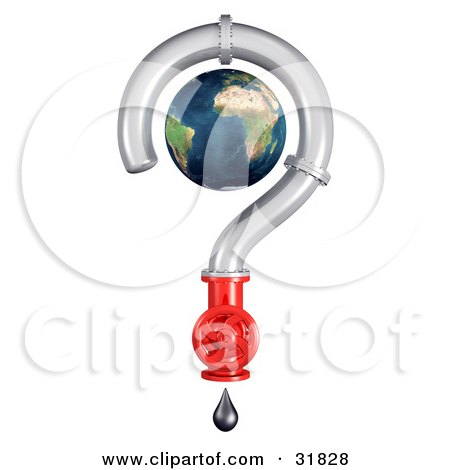 Clipart Illustration of a 3d Globe Inside A Pipe Question Mark With A Shut Off Valve And Dripping Oil by Frog974