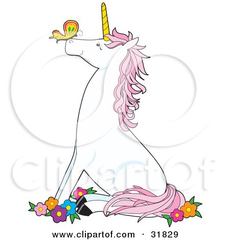 Clipart Illustration of a Cute White Unicorn With A Golden Horn And Pink Hair, Sitting On Its Hind Legs In Flowers And Watching A Butterfly On Its Nose by Maria Bell