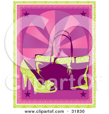 Clipart Illustration of a Green Circle Patterned High Heel Shoe In Front Of A Purse On A Pink Background With Rays, Stars And A Green Border by Maria Bell