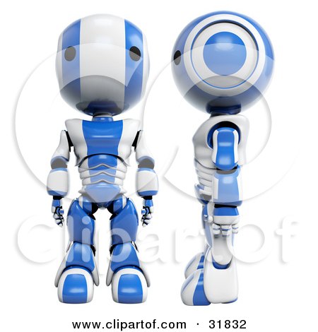 Clipart Illustration of 3D Blue And White AO-Maru Robots, One Facing Front, One Facing Left And In Profile by Leo Blanchette