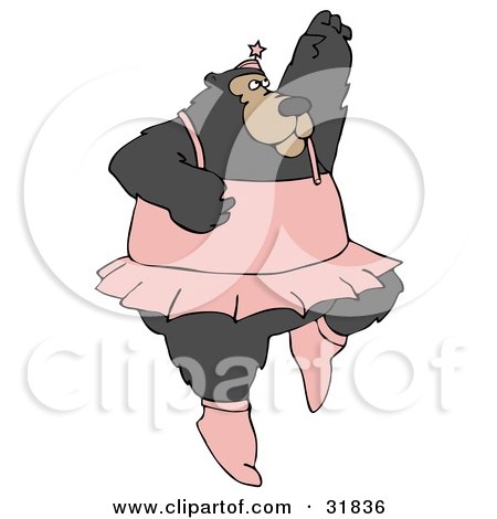 Clipart Illustration of a Masculine Bear Ballerina Dancing Ballet In A Pink Tutu, Up On Tippy Toes And Reaching Upwards by djart