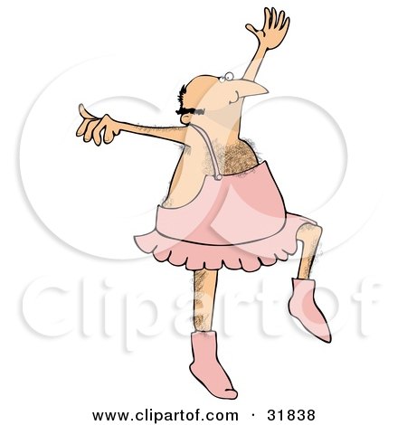 Clipart Illustration of a Masculine Hairy White Male Ballerina Dancing Ballet In A Pink Tutu, Up On Tippy Toes And Reaching Upwards by djart