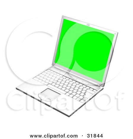 Clipart Illustration of a White Laptop Computer Turned Slightly To The Left, With A Green Screen by AtStockIllustration